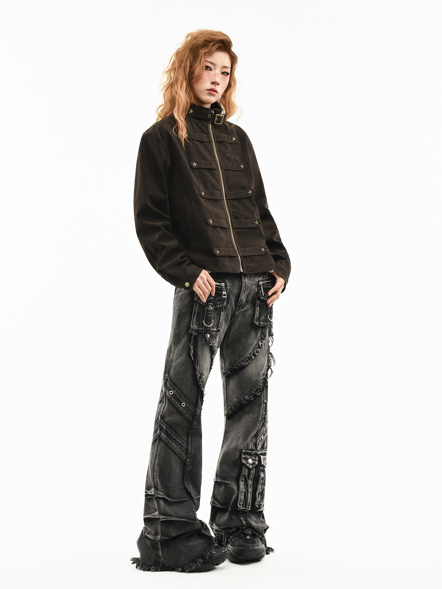 Womens Retro Star-Studded Suede Stand-Up Collar Coat