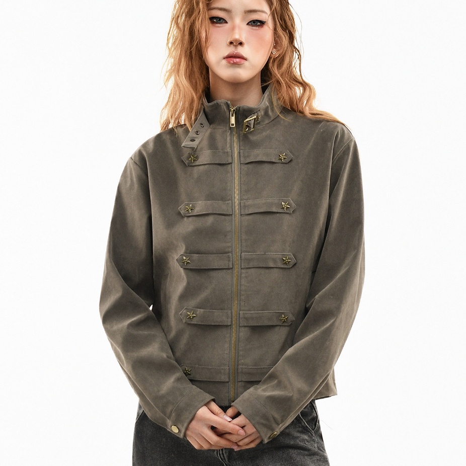 Womens Retro Star-Studded Suede Stand-Up Collar Coat