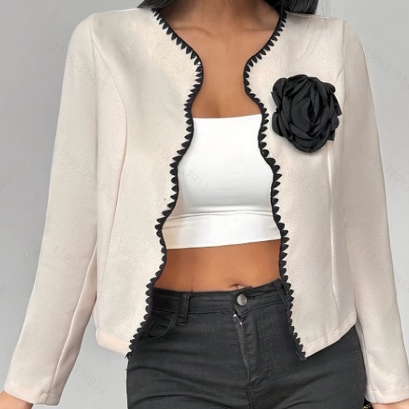 Womens 3D Rose Embroidered Long-Sleeve Jacket