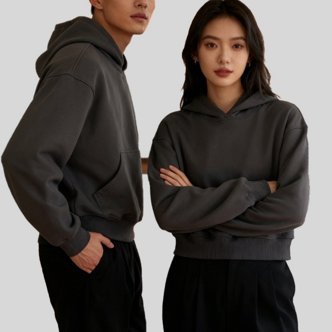 Loose Padded Cropped American High-street Style Fleece-lined Hooded Sweatshirt