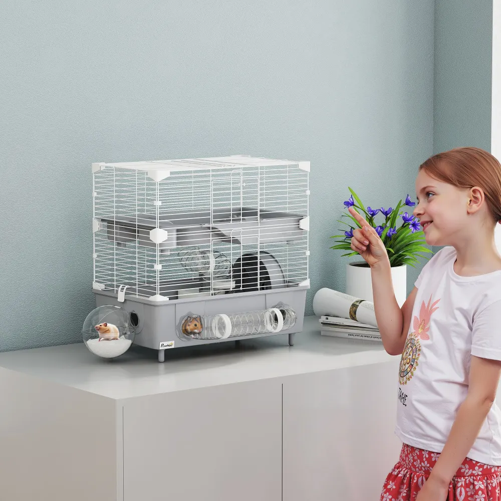 2-Tier Hamster Cage with Sand Bathroom Running Wheel Water