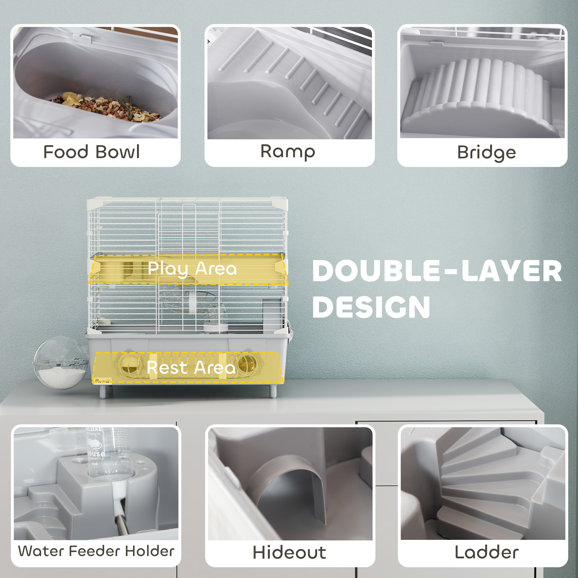 2-Tier Hamster Cage With Sand Bathroom Running Wheel Water Bottle Tubes Accessories