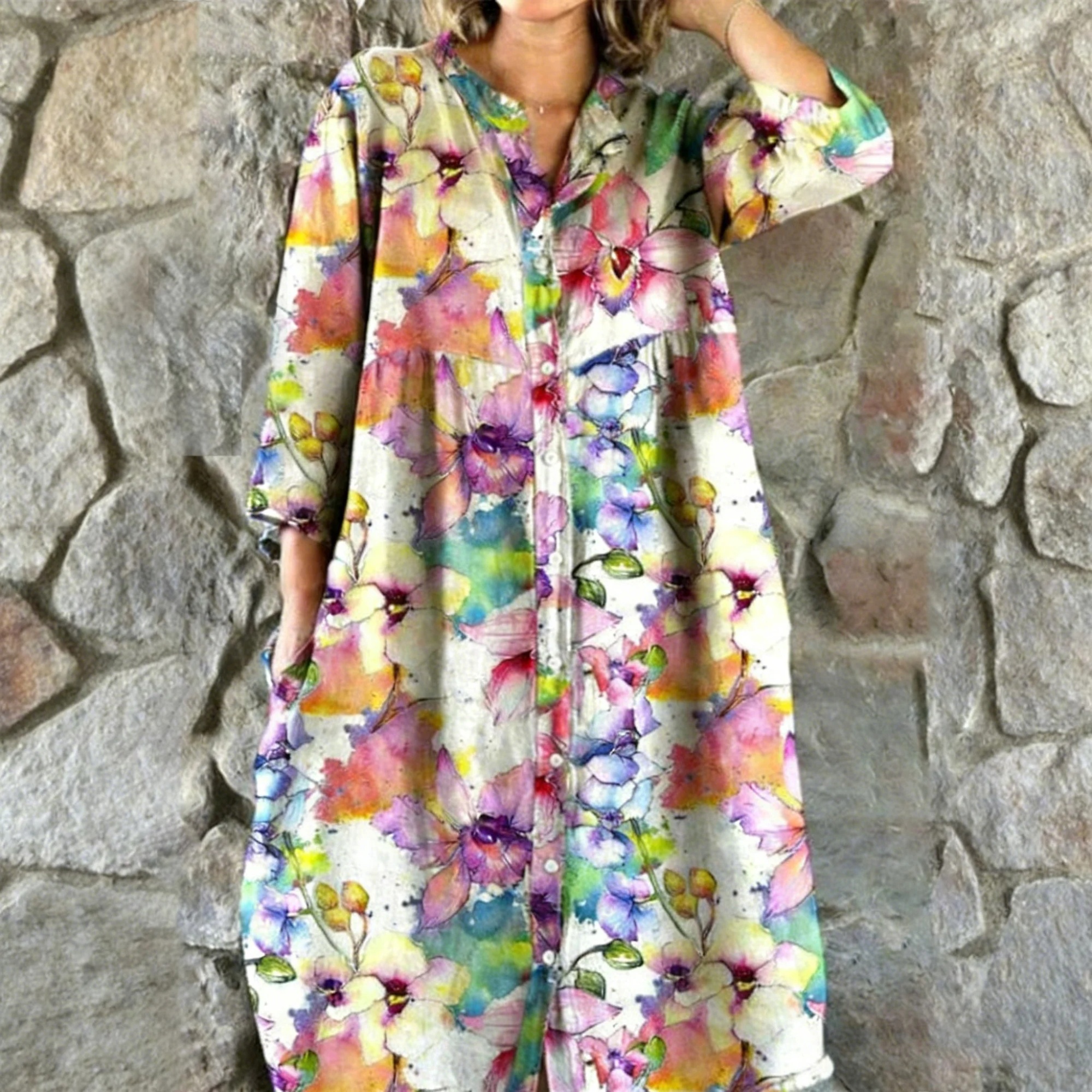 Multi-Color Watercolor Orchid Midi Dress