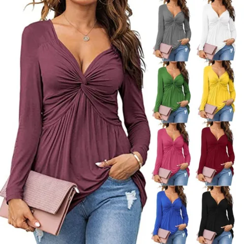 Womens V-neck Front-tie Blouse with Long Sleeves and