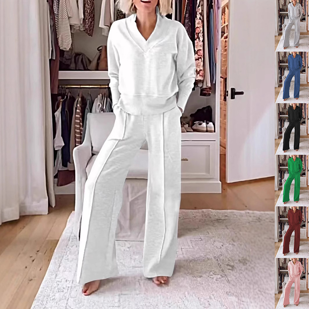 Women's Pullover Suit Casual Collared Long-Sleeved V-neck Top And Loose Straight-Leg Pants Fashion Sweatshirt Sport Trousers Set - Image 6
