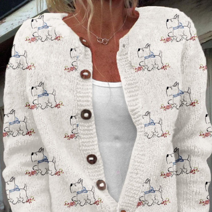 Womens 3D-printed Crew-neck Cardigan A Stylish Knit Outerwear Piece For Fall