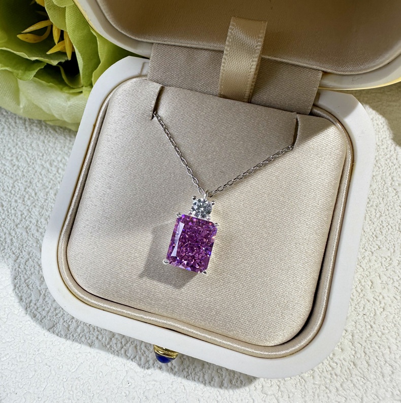 Deep Tanzanite Rectangular Necklace With Ice-Flower Cut High-Carbon Diamond Pendant