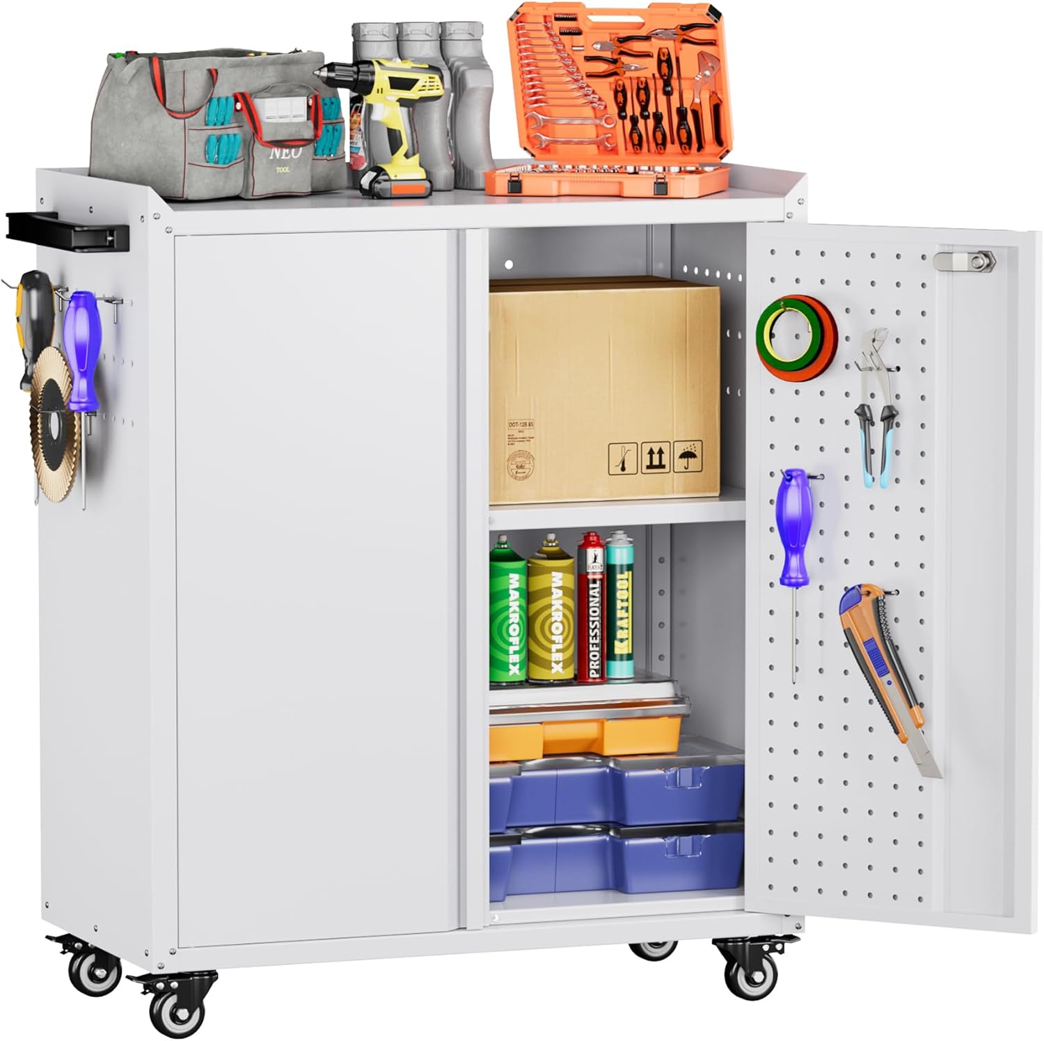 Metal Storage Cabinet With 2 Doors And 4 Hooks