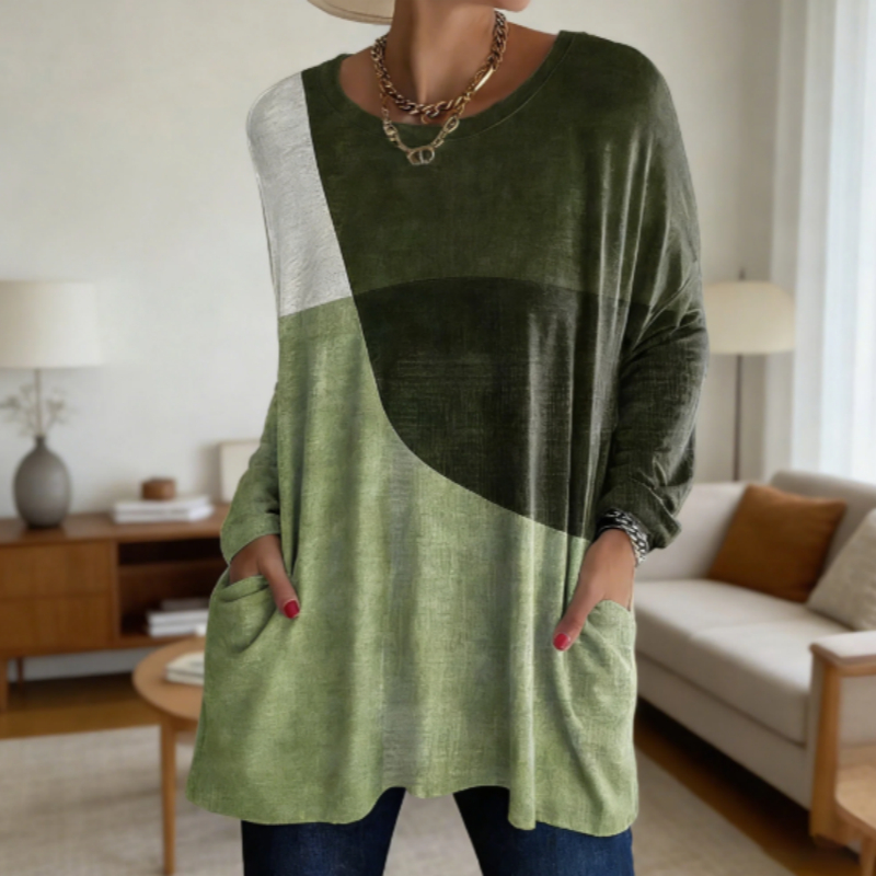 Gradient Green Color Block Tunic Top Cozy Loose Fit With Pockets