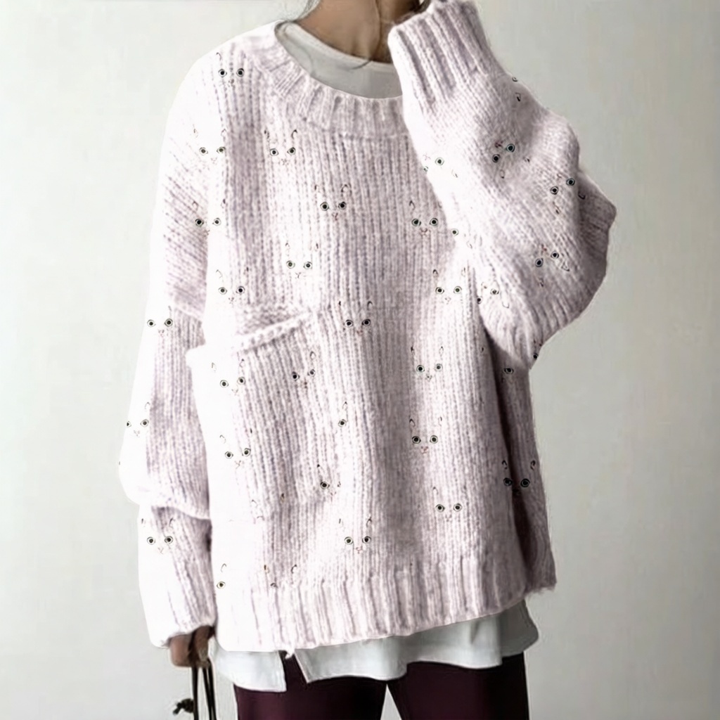 Cozy Sweater With A Cute Cat-face Pattern And Large Pockets