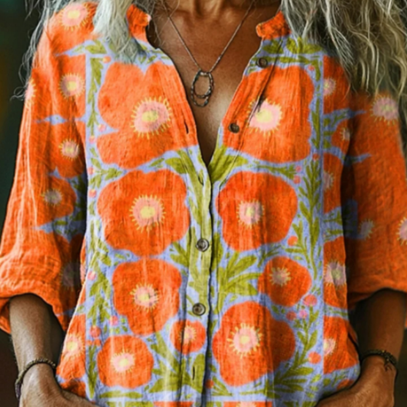 Orange Women's Floral Pattern Art Print Casual Cotton Linen Shirt