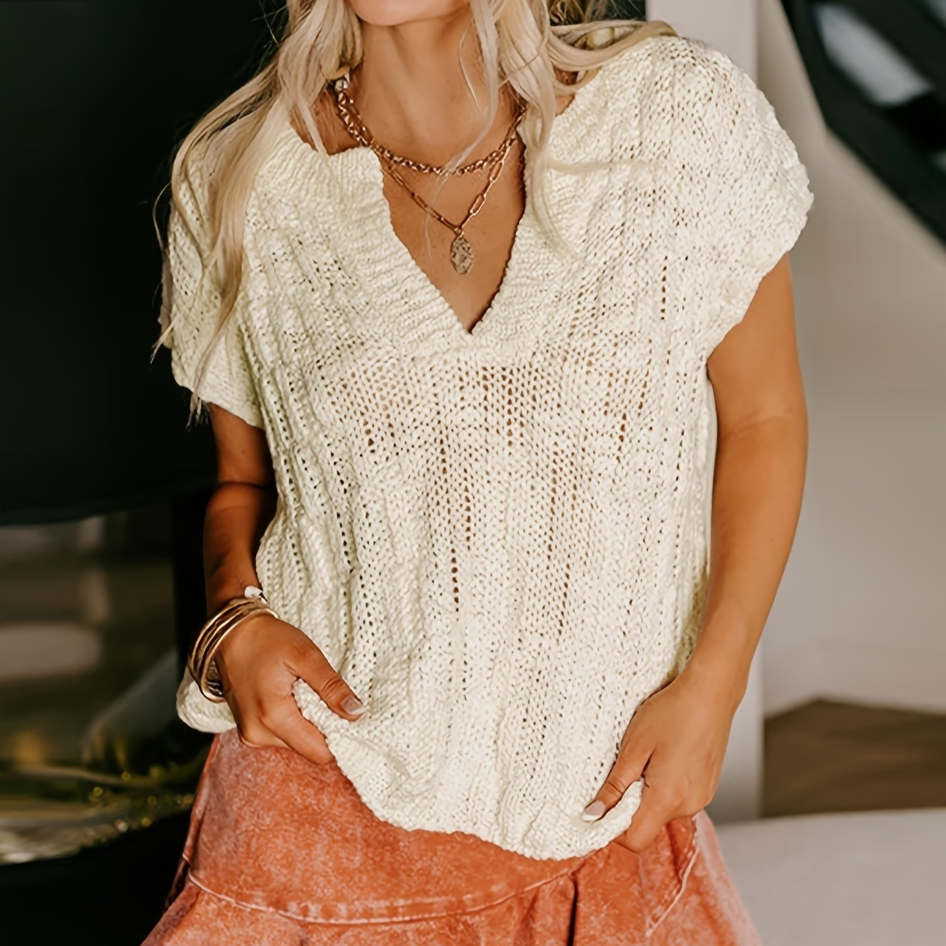 New Womens Solid-color Knit V-neck Loose-fitting Short-sleeve Top