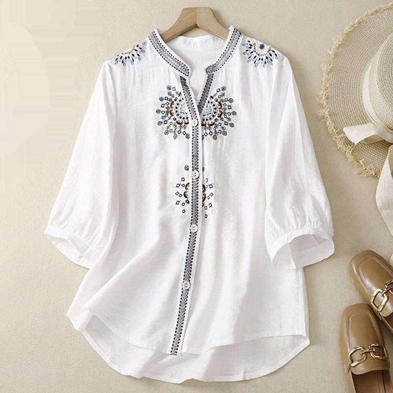 Retro Relaxed Fit Embroidered Floral Shirt With A Stand Up Collar And Three Quarter Length Sleeves
