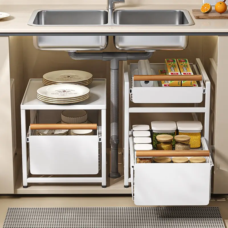 Installation-free Kitchen Square-tube Dish Cabinet With Built-in Multi-tier Drawer-style Storage Rack