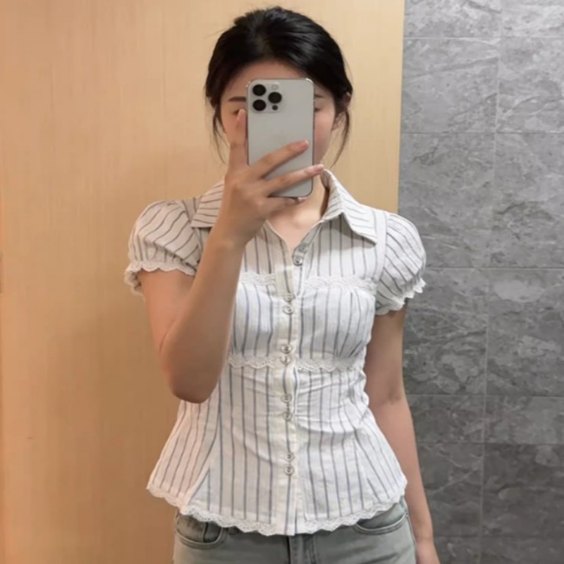 Womens Striped Lace Contrast-Color Vintage Slim-Fit Figure-Flattering Top