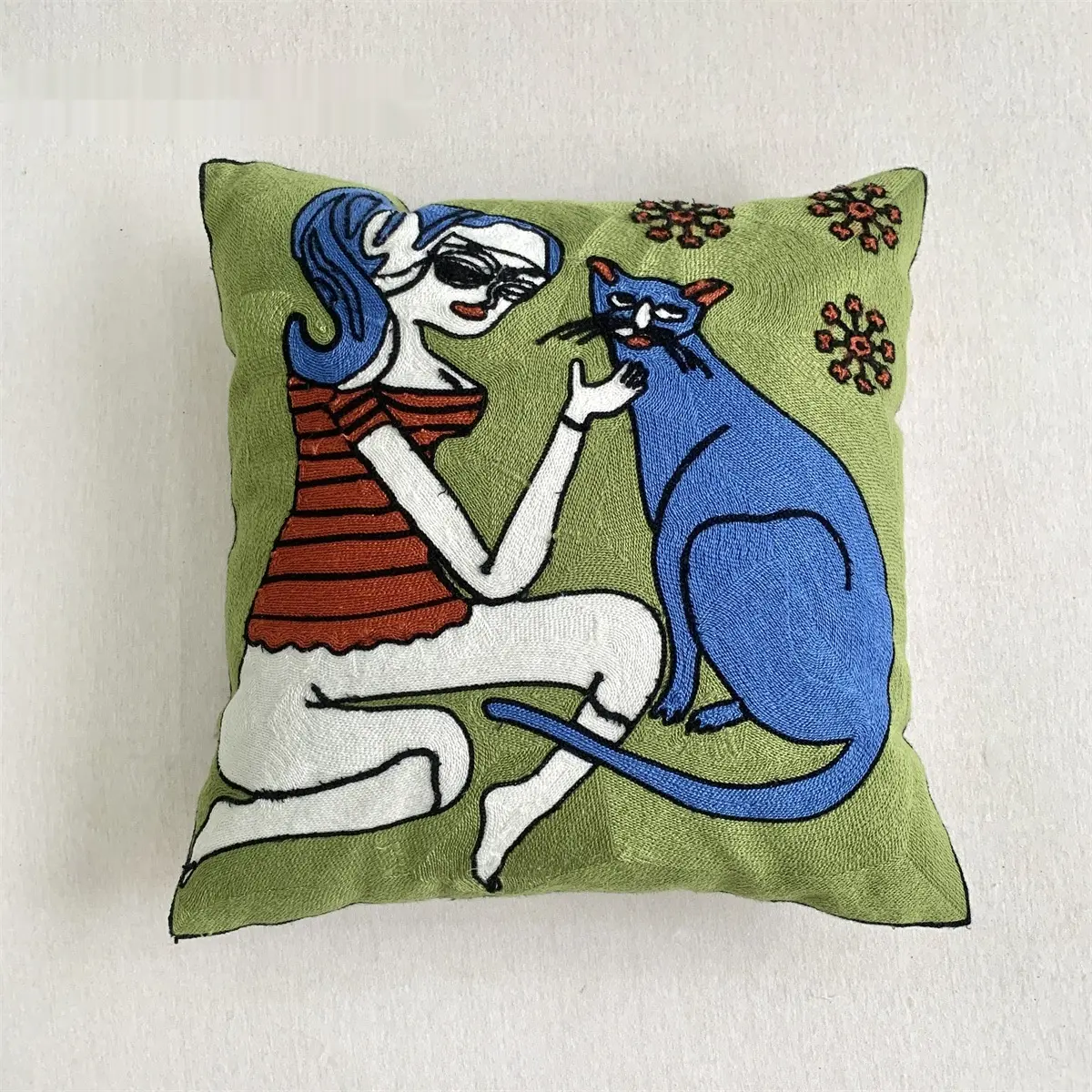 Classic Oil Painting Indian Hand-Embroidered Full-Embroidery Sofa Cushion Cover
