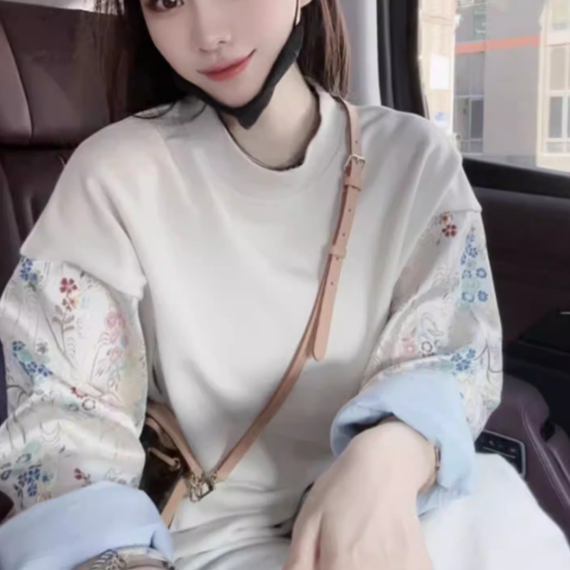 New Chinese-style Color-block Embroidered Crewneck Long-sleeve Hoodie