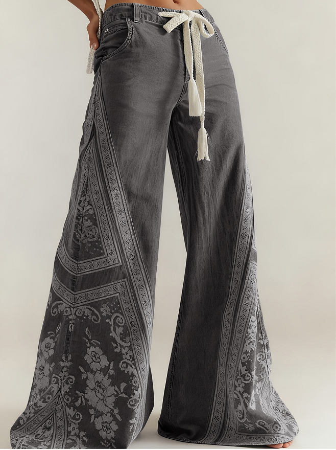 Women's Retro Patchwork Wide-Leg Pants, High-Waisted Drape Flared Pants, Ethnic Style Tie Casual Pants