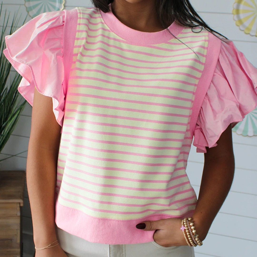 Stripe Ruffled Short Sleeve Patchwork Blouse