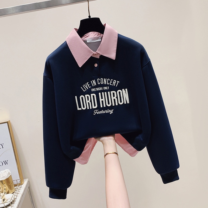 Notched Collar Faux Two Piece Sweatshirt For Women Loose Fitting Top