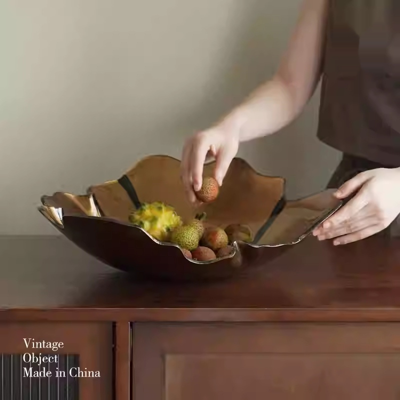 Golden Art Desktop Ornament Luxurious Handmade Glass Fruit Plate