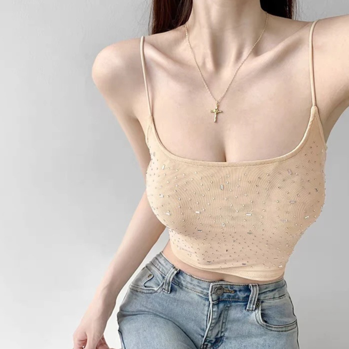Womens High-waisted Midriff-baring Top With A Square Neckline Featuring A Double-layer Mesh Design