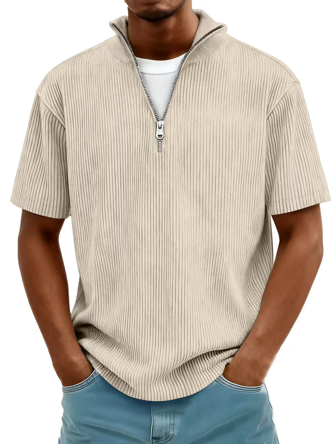 New Summer Men's Casual Stand-up Collar Corduroy Short-sleeved Shirt With Zipper