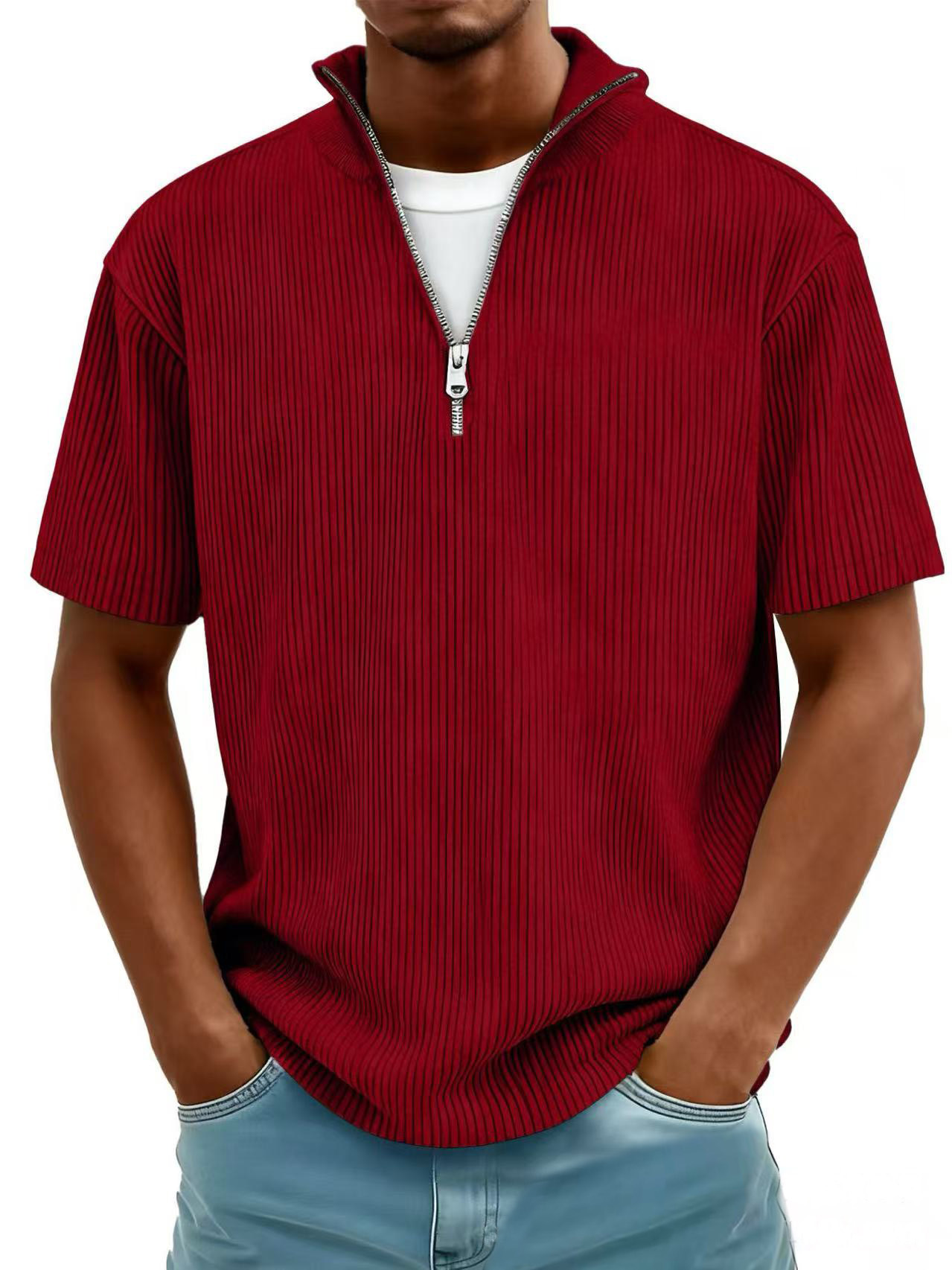 New Summer Men's Casual Stand-up Collar Corduroy Short-sleeved Shirt With Zipper