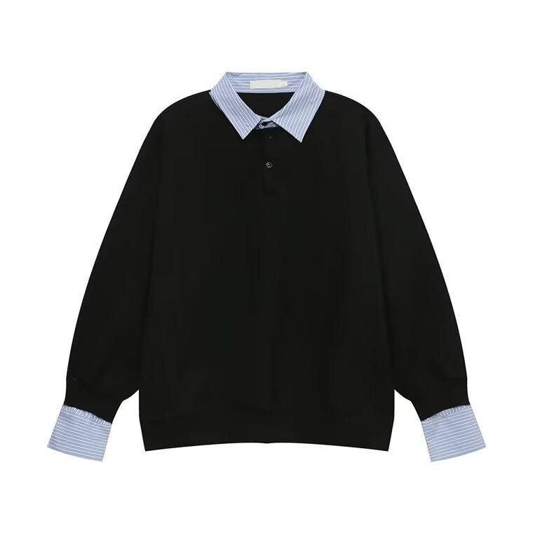 American-style Streetwear Faux Two-piece Fleece-lined Shirt-collar Hoodie