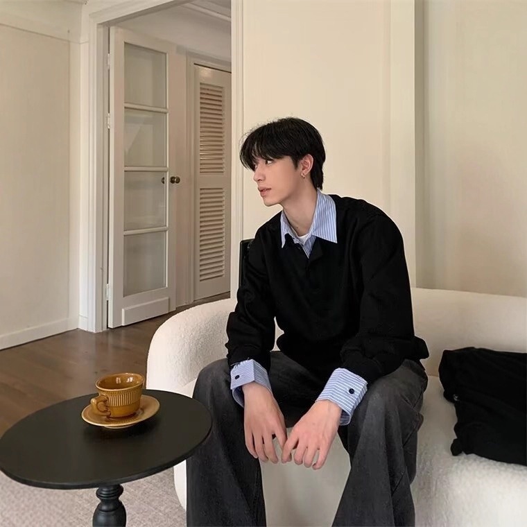 American-style Streetwear Faux Two-piece Fleece-lined Shirt-collar Hoodie