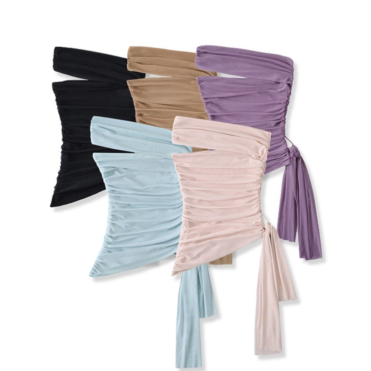 Korean-style Off-shoulder Mesh Top With An Irregular Hem And No Sleeves