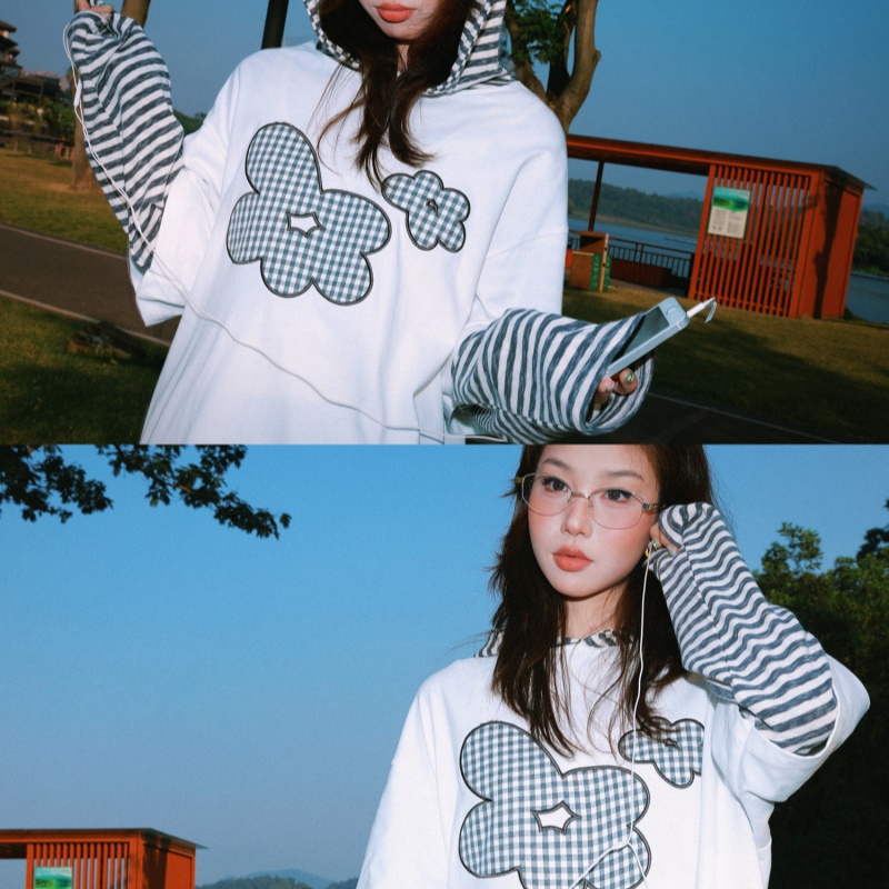 Womens Retro Long-Sleeve Striped Hoodie With Floral Embroidery