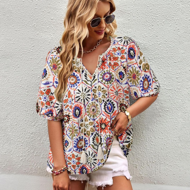 Bohemian Casual V-neck Short-sleeve Printed Blouse