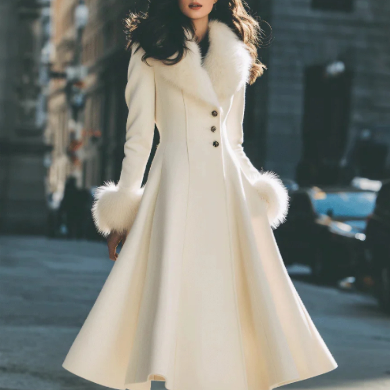 Artificial fur collar long-sleeved A-shaped flared coat