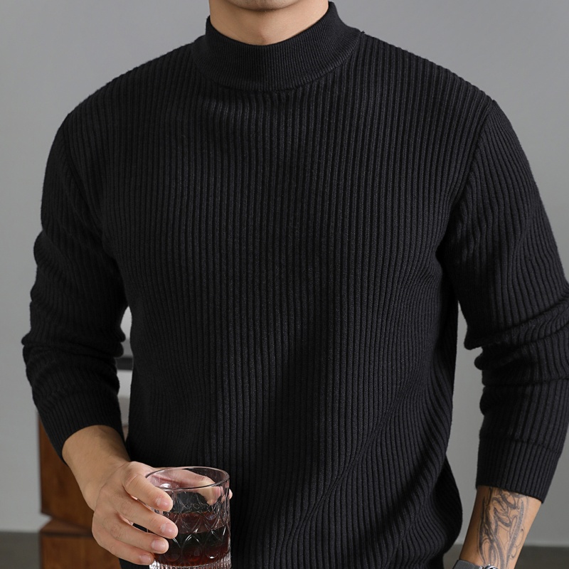 Mens Warm Korean-style Half-turtleneck Sweater With Vertical Stripes For Layering