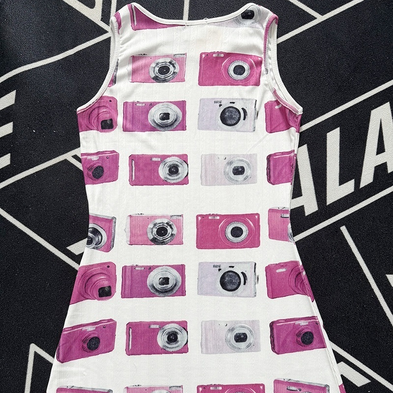 Street-style Retro Y2K Edgy Camera-print Fitted Vest Dress