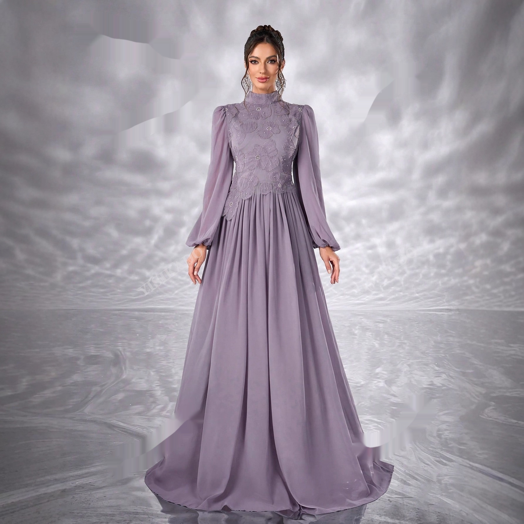 New Elegant Floral Dress With Long Sleeves Made Of Chiffon