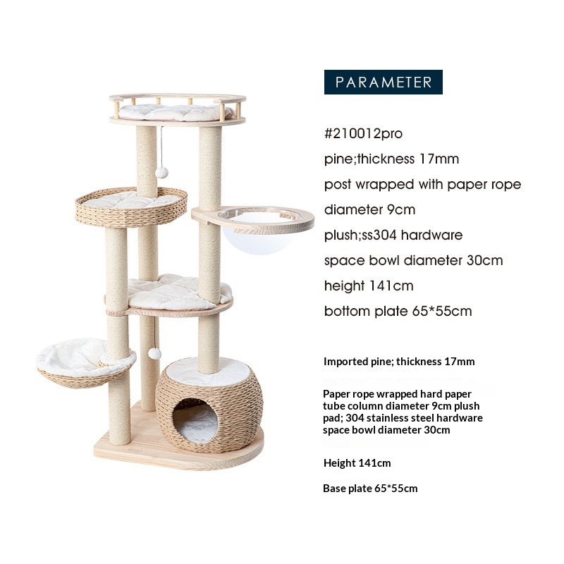 Solid Wood Cat Tree With Integrated Scratching Post And Cozy Nest