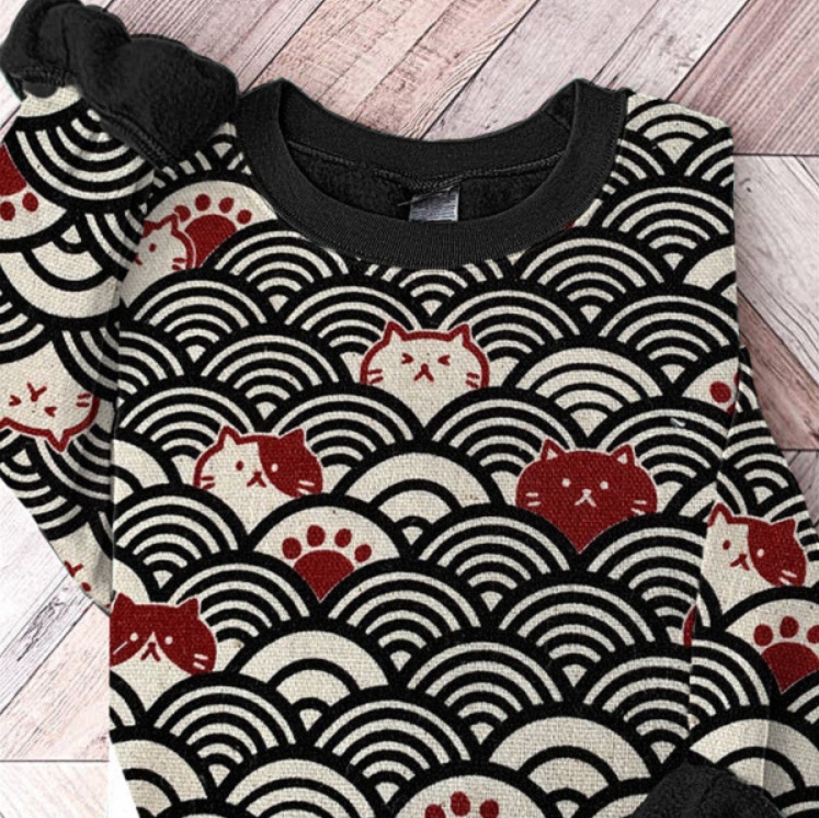 Digital-print Crewneck Long-sleeve Hoodie