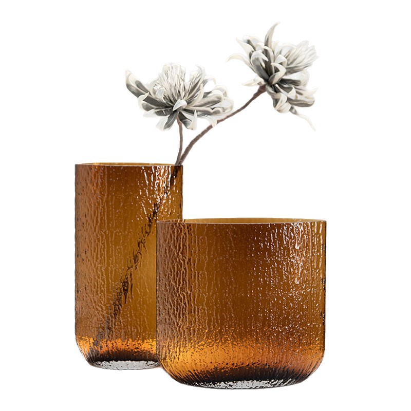 High-end Hydroponic Flower Vase In Flat Glass With A Black Bark-like Texture