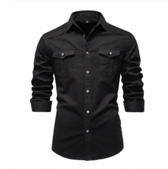 Men's Long-sleeved Denim Shirt Casual Solid Button