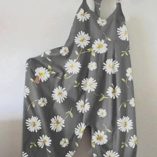 Womens Floral-Print Loose Casual Suspender Jumpsuit With Buckles