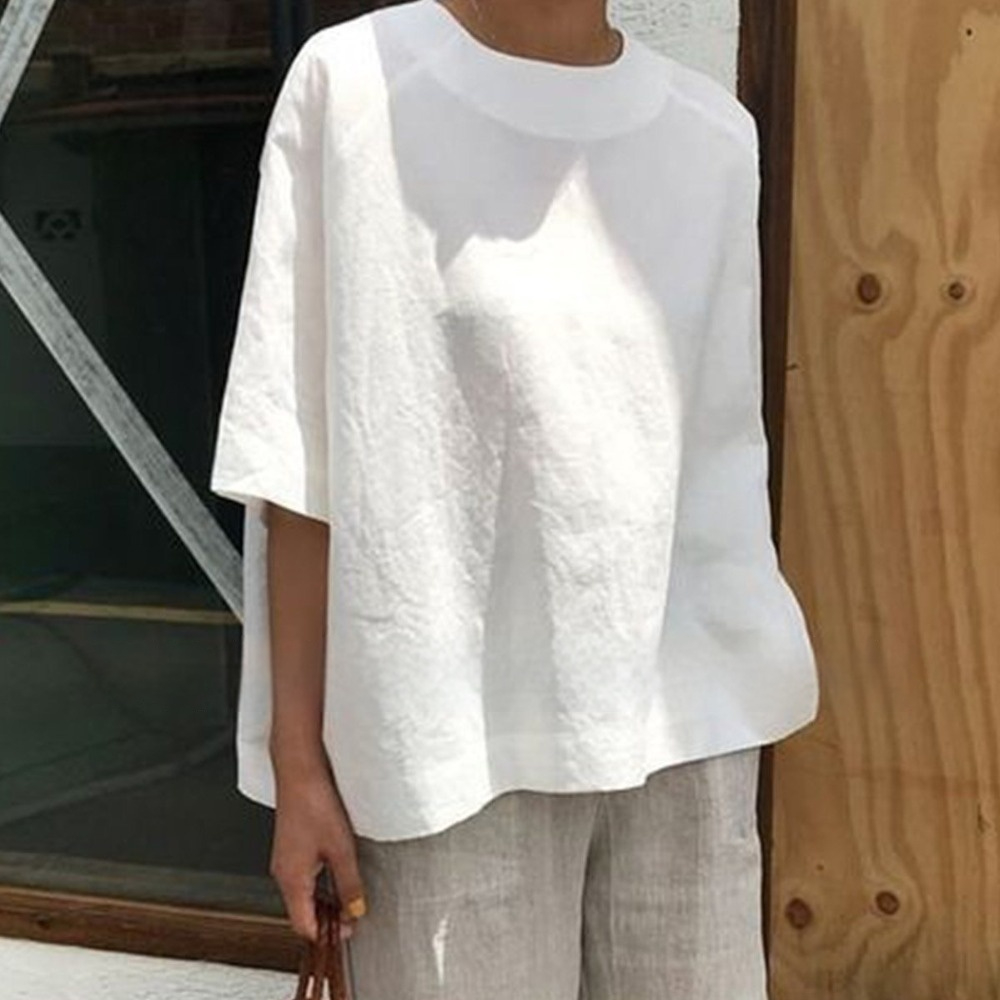 Solid-color Cotton-linen Loose-fitting Crew-neck Top