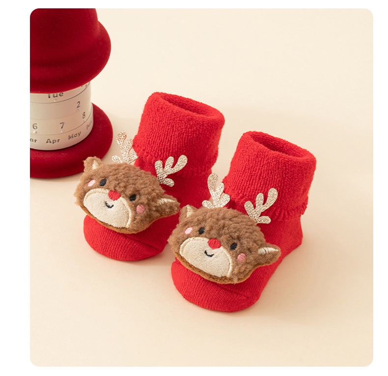 Babys Cozy Fleece-lined Thickened Pure-cotton Red Floor Socks For Fall And Winter
