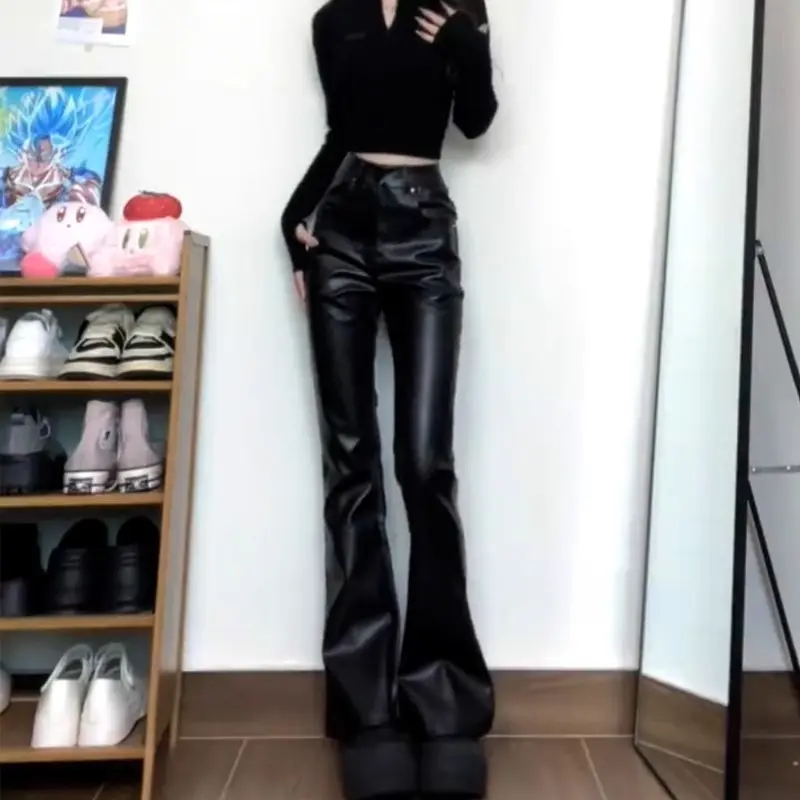 Slimming PU Leather Pants With A High Waist And Floor-length Hem