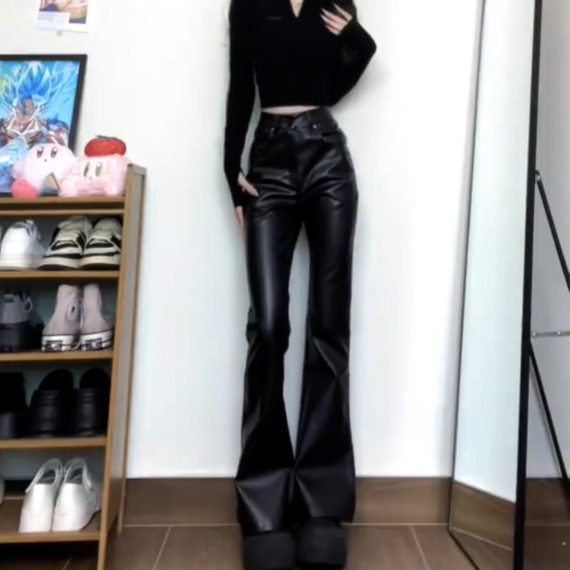 Slimming PU Leather Pants With A High Waist And Floor-length Hem