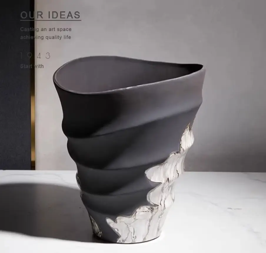 Decorative Vase With Ink-wash Elements And A Wide Mouth