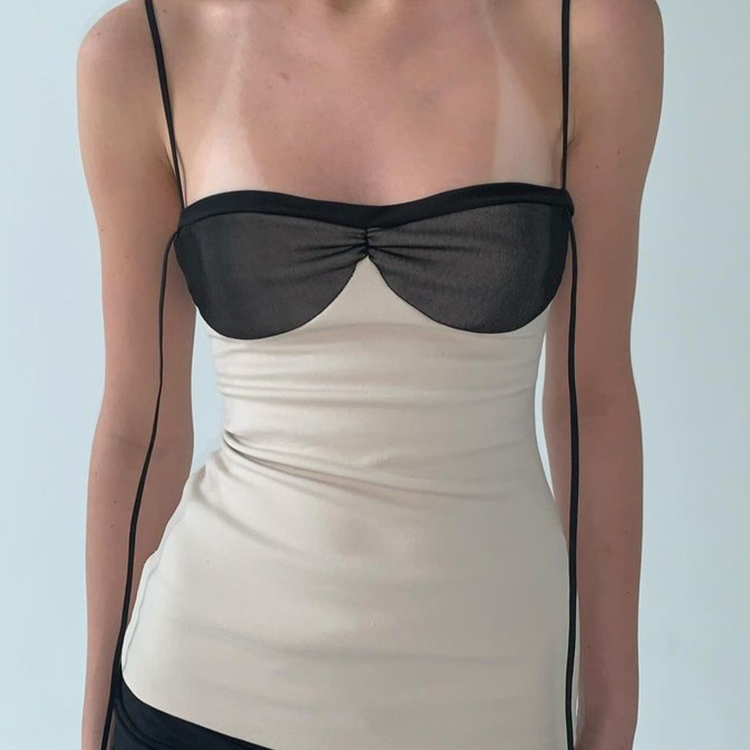 French Retro Color-Block Patchwork Camisole Skirt Slimming And Figure-Hugging