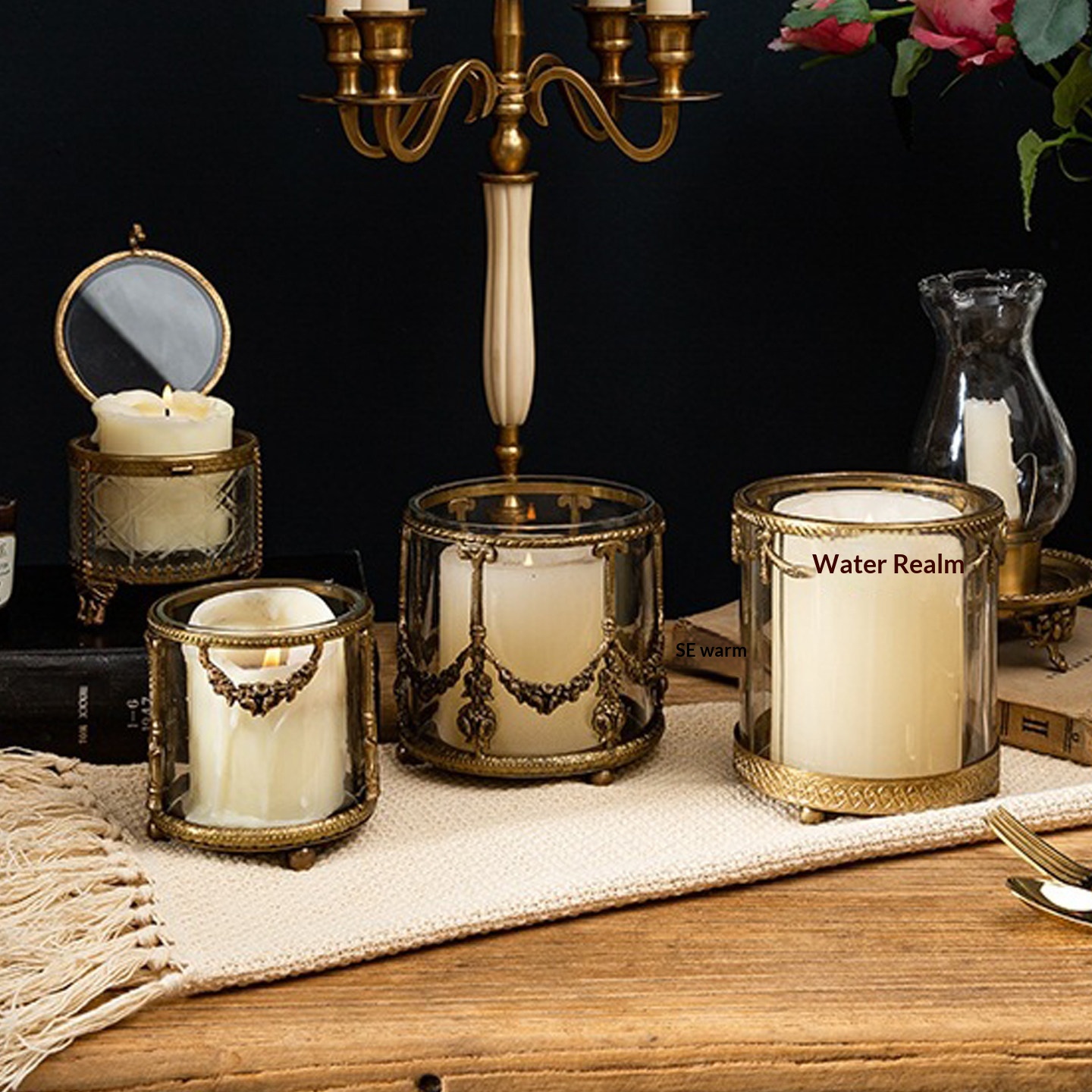 Brass Carved Glass Candle Holder  Candle Cup  And Makeup Brush Organizer