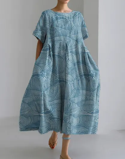 Round Neck Loose 7-point Sleeve Dress Comfortable 3D Digital Printing